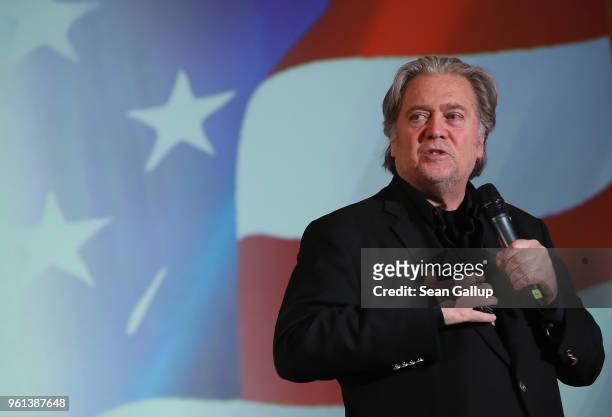 Steve Bannon, former White House Chief Strategist to U.S. President Donald Trump, speaks at a debate with Lanny Davis, former special counsel to Bill...