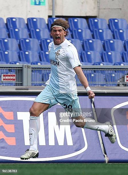 Guglielmo Stendardo of SS Lazio celebrates the opening goal during the Serie A match between Lazio and Chievo at Stadio Olimpico on January 24, 2010...