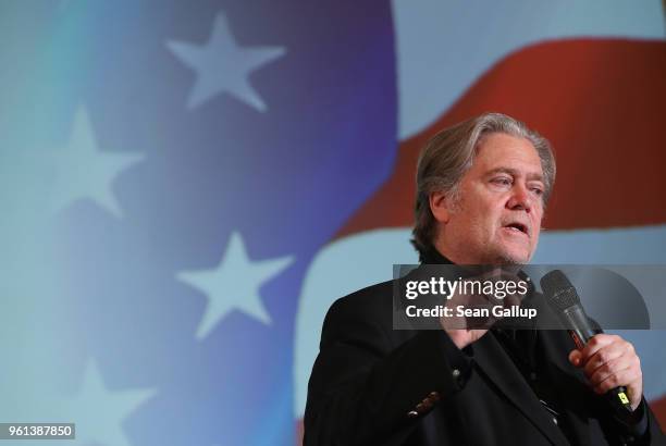 Steve Bannon, former White House Chief Strategist to U.S. President Donald Trump, speaks at a debate with Lanny Davis, former special counsel to Bill...
