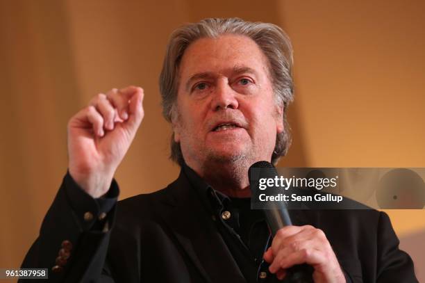 Steve Bannon, former White House Chief Strategist to U.S. President Donald Trump, speaks at a debate with Lanny Davis, former special counsel to Bill...