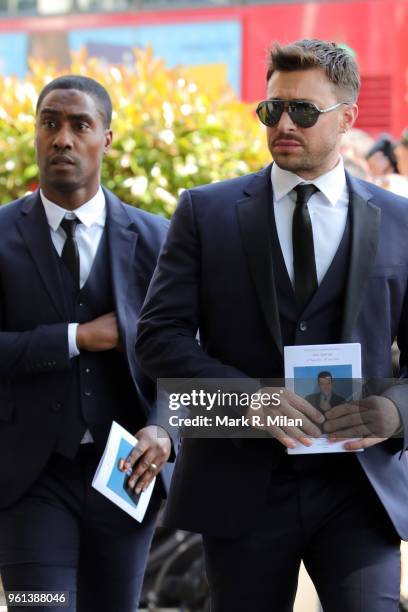 Simon Webb and Duncan James attending the funeral of Dale Winton at the Old Church No1 Marylebone road on May 22, 2018 in London, England.