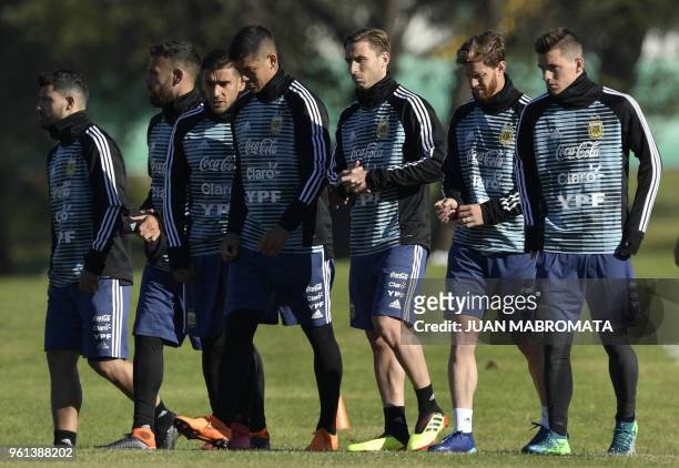 Argentina's national football team players are pictured during a training session in Ezeiza, Buenos Aires on May 22, 2018. - The Argentinian team is...