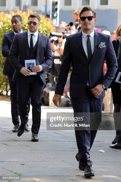 Simon Webb, Duncan James and Lee Ryan attending the funeral of Dale Winton at the Old Church No1 Marylebone road on May 22, 2018 in London, England.