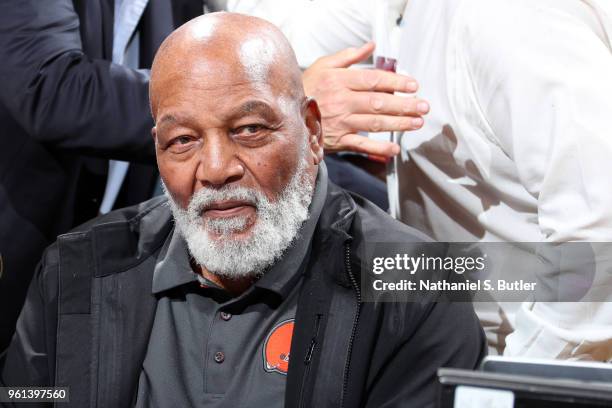 Jim Brown, NFL legend, attends Game Four of the Eastern Conference Finals between the Boston Celtics and the Cleveland Cavaliers during the 2018 NBA...