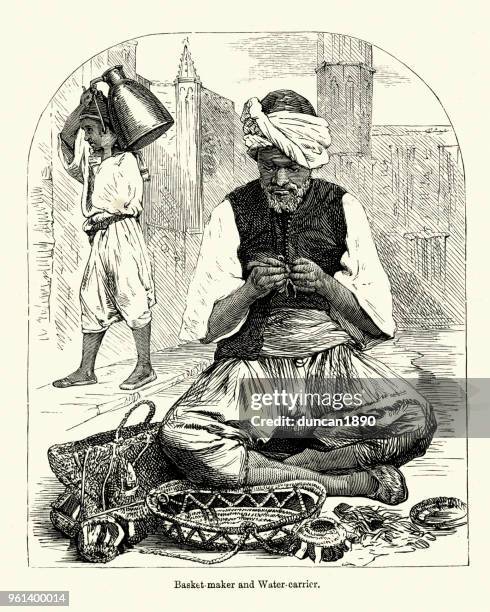 basket maker and water carrier, algeria, 19th century - algeria stock illustrations