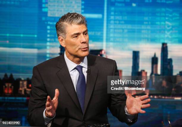 Jose Almeida, chairman and chief executive officer of Baxter International Inc., speaks during a Bloomberg Television interview in New York, U.S., on...