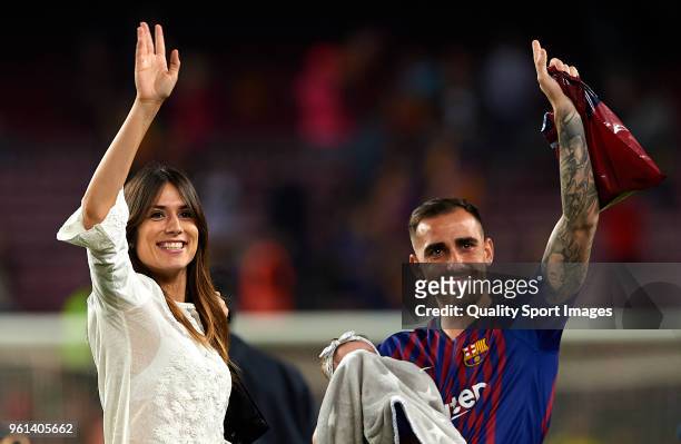 Paco Alcacer of Barcelona and his wife Beatriz Viana greet the fans at the end the La Liga match between Barcelona and Real Sociedad at Camp Nou on...