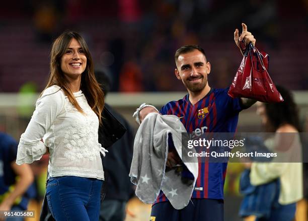 Paco Alcacer of Barcelona and his wife Beatriz Viana greet the fans at the end the La Liga match between Barcelona and Real Sociedad at Camp Nou on...