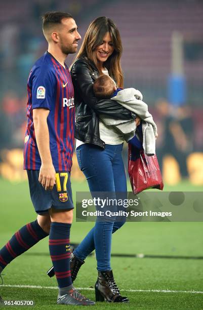 Paco Alcacer of Barcelona and his wife Beatriz Viana smile at the end the La Liga match between Barcelona and Real Sociedad at Camp Nou on May 20,...