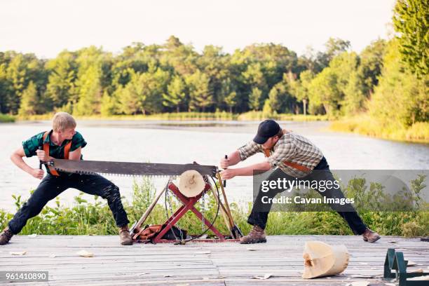 lumberjacks sawing log at riverbank - log stock-fotos und bilder