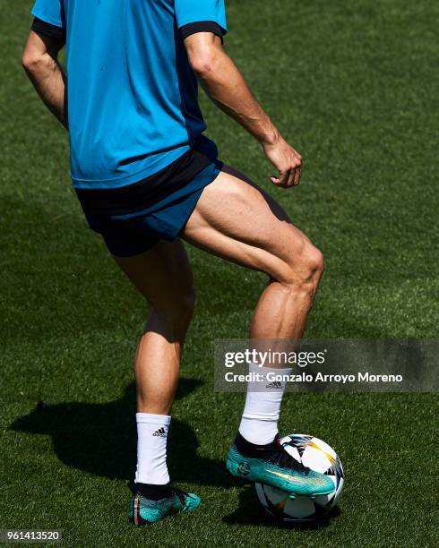 Cristiano Ronaldo of Real Madrid CF controls the ball during a training session held during the Real Madrid UEFA Open Media Day ahead of the UEFA...