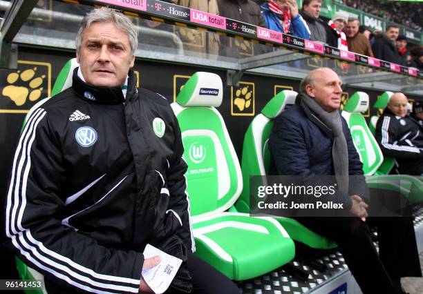 Head coach Armin Veh and Manager Dieter Hoeness of Wolfsburg are seen prior to the Bundesliga match between VfL Wolfsburg and 1. FC Koeln at...