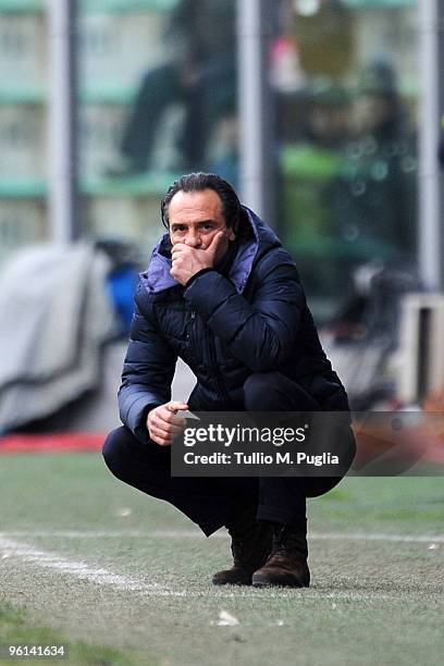 Cesare Prandelli coach of Fiorentina looks dejected during the Serie A match between Palermo and Fiorentina at Stadio Renzo Barbera on January 24,...