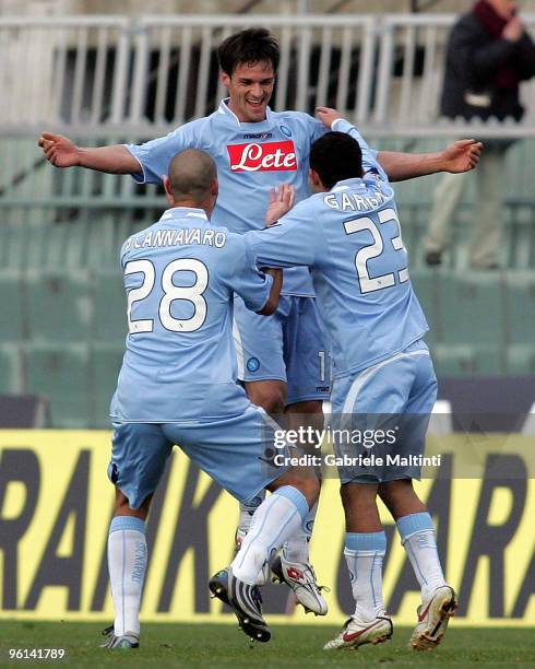 Cristian Maggio, Paolo Cannavaro and Walter Gargano of SSC Napoli celebrates the goal during the Serie A match between Livorno and Napoli at Stadio...