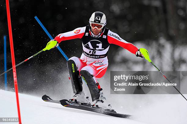 Mario Matt of Austria takes 10th place during the Audi FIS Alpine Ski World Cup Men's Slalom on January 24, 2010 in Kitzbuehel, Austria.