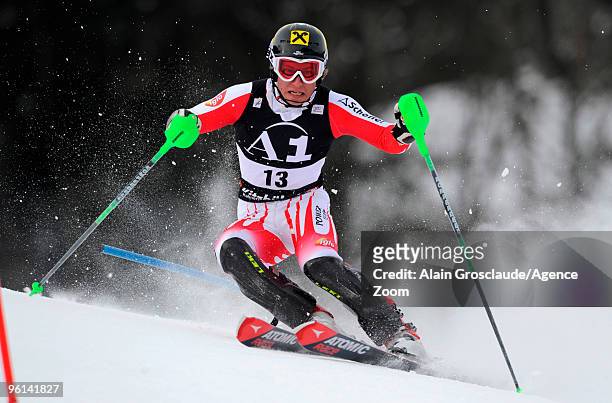 Marcel Hirscher of Austria takes 6th place during the Audi FIS Alpine Ski World Cup Men's Slalom on January 24, 2010 in Kitzbuehel, Austria.