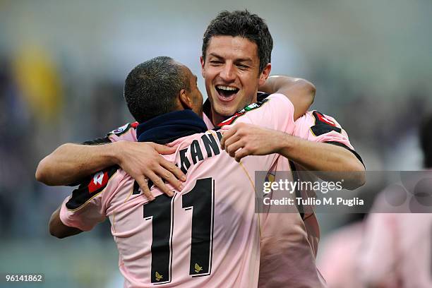 Igor Budan of Palermo celebrates his goal with his team mate Fabio Liverani during the Serie A match between Palermo and Fiorentina at Stadio Renzo...