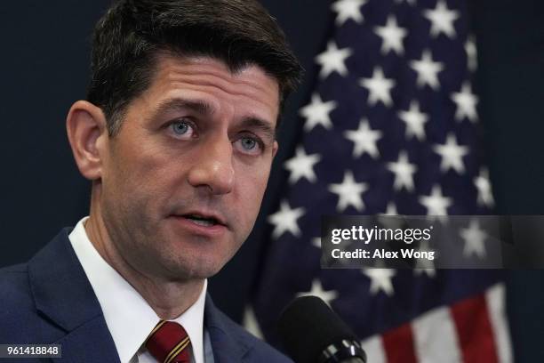 Speaker of the House Rep. Paul Ryan speaks during a news briefing after a House Republican Conference meeting May 22, 2018 on Capitol Hill in...