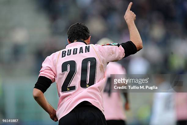 Igor Budan of Palermo celebrates his goal during the Serie A match between Palermo and Fiorentina at Stadio Renzo Barbera on January 24, 2010 in...