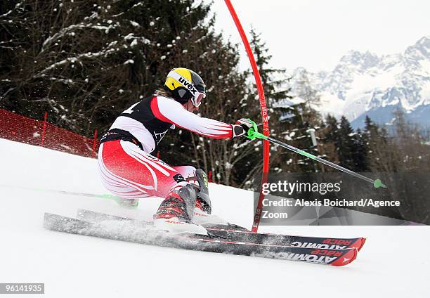 Marcel Hirscher of Austria competes during the Audi FIS Alpine Ski World Cup Men's Slalom on January 24, 2010 in Kitzbuehel, Austria.