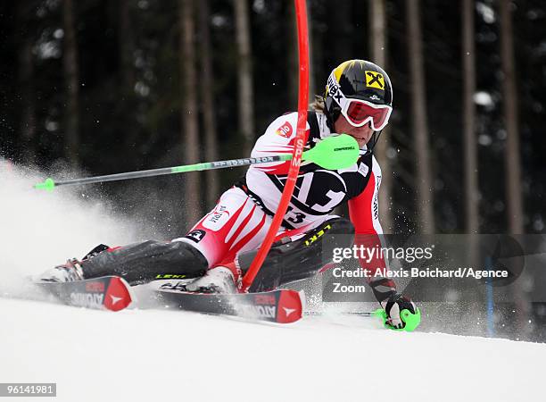 Marcel Hirscher of Austria competes during the Audi FIS Alpine Ski World Cup Men's Slalom on January 24, 2010 in Kitzbuehel, Austria.