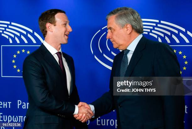 European Parliament President Antonio Tajani welcomes Facebook CEO Mark Zuckerberg at the European Parliament, prior to his audition on the data...