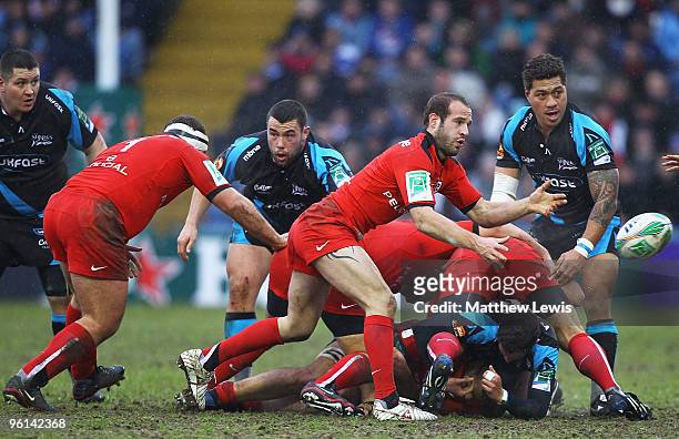 Frederic Michalak of Toulouse passes the ball away during the Heineken Cup match between Sale Sharks and Toulouse at Edgeley Park on January 24, 2010...