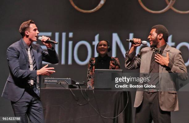 The cast of "Hype Man: a break beat play" performs during the 36th Elliot Norton Awards ceremony at the Huntington Avenue Theatre in Boston on May...