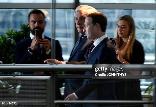 European Parliament President Antonio Tajani welcomes Facebook CEO Mark Zuckerberg upon his arrival at the European Parliament, for his audition on...