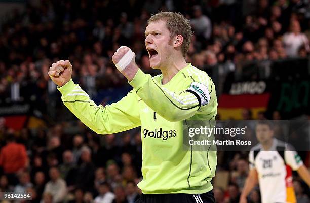 Johannes Bitter, goalkeeper of Germany reacts during the Men's Handball European main round Group II match between Germany and France at the Olympia...