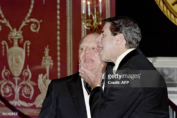 Humorists and comedian Jerry Lewis and Don Rickles joke on May 15, 1988 before the New York Friars Club Tribute to Barbara Sinatra, wife of singer...