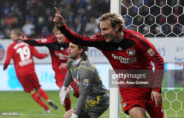Sami Hyypiae of Leverkusen celebrates his team's first goal during the Bundesliga match between 1899 Hoffenheim and Bayer Leverkusen at the...