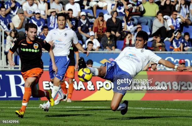 Tenerife's midfielder Mikel Alonso vies with Valencia's midfielder Juan Mata during a Spanish league football match at Heliodoro Rodriguez Lopez...