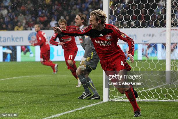 Sami Hyypiae of Leverkusen celebrates his team's first goal during the Bundesliga match between 1899 Hoffenheim and Bayer Leverkusen at the...