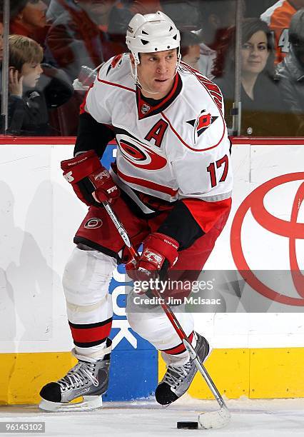 Rod Brind'Amour of the Carolina Hurricanes skates against of the Philadelphia Flyers on January 23, 2010 at Wachovia Center in Philadelphia,...