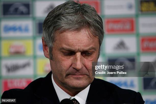 Head coach Armin Veh of Wolfsburg is seen during a press conference after the Bundesliga match between VfL Wolfsburg and 1. FC Koeln at Volkswagen...