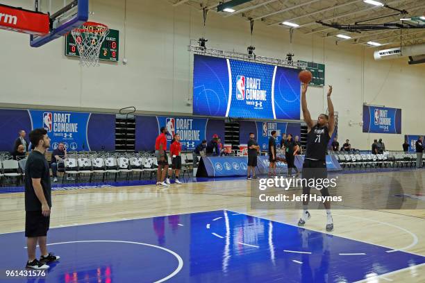 Omari Spellman shoots a foul shot during the NBA Draft Combine Day 1 at the Quest Multisport Center on May 17, 2018 in Chicago, Illinois. NOTE TO...