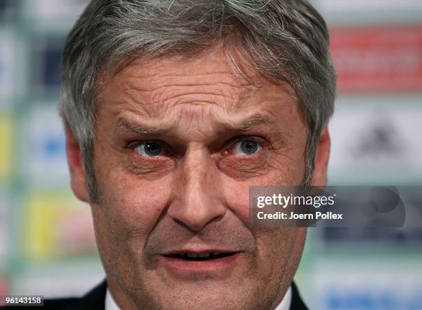 Head coach Armin Veh of Wolfsburg is seen during a press conference after the Bundesliga match between VfL Wolfsburg and 1. FC Koeln at Volkswagen...