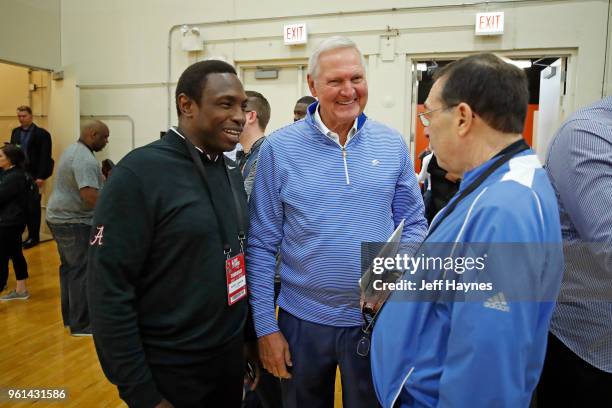 Avery Johnson of the University of Alabama and Jerry West of the LA Clippers talk during the NBA Draft Combine Day 1 at the Quest Multisport Center...