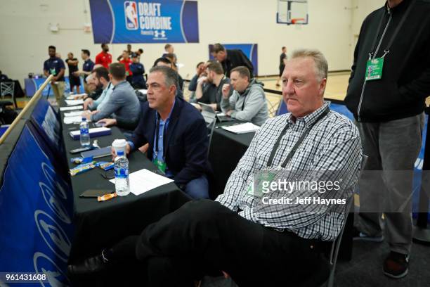Larry Bird of the Indiana Pacers looks on during the NBA Draft Combine Day 1 at the Quest Multisport Center on May 17, 2018 in Chicago, Illinois....