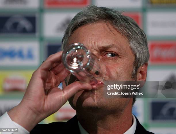 Head coach Armin Veh of Wolfsburg is seen during a press conference after the Bundesliga match between VfL Wolfsburg and 1. FC Koeln at Volkswagen...