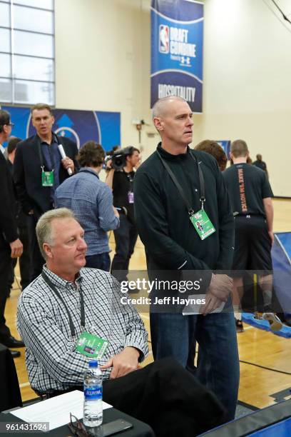 Larry Bird of the Indiana Pacers and Rick Carlisle of the Dallas Mavericks look on during the NBA Draft Combine Day 1 at the Quest Multisport Center...