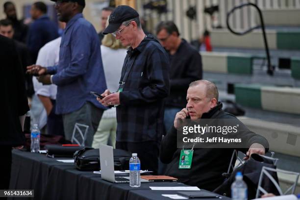 Tom Thibodeau of the Minnesota Timberwolves looks on during the NBA Draft Combine Day 1 at the Quest Multisport Center on May 17, 2018 in Chicago,...