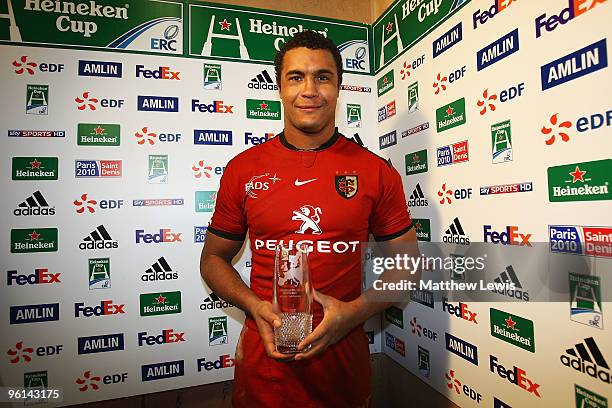 Thierry Dusautoir of Toulouse pictured with the 'Man of the Match' award during the Heineken Cup match between Sale Sharks and Toulouse at Edgeley...