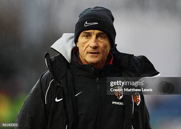 Guy Noves, Coach of Toulouse looks on during the Heineken Cup match between Sale Sharks and Toulouse at Edgeley Park on January 24, 2010 in...