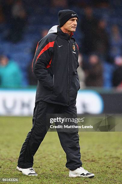 Guy Noves, Coach of Toulouse looks on during the Heineken Cup match between Sale Sharks and Toulouse at Edgeley Park on January 24, 2010 in...