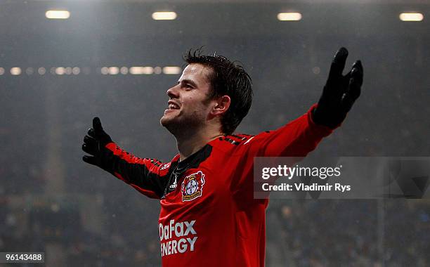 Tranquillo Barnetta of Leverkusen celebrates after scoring his team's third goal during the Bundesliga match between 1899 Hoffenheim and Bayer...