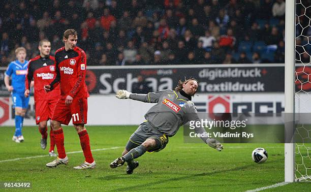 Timo Hildebrand of Hoffenheim concedes the third goal scored by Tranquillo Barnetta of Leverkusen during the Bundesliga match between 1899 Hoffenheim...