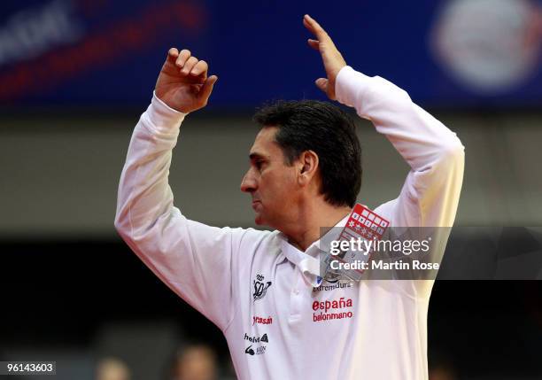 Valero Rivera, head coach of Spain reacts during the Men's Handball European main round Group II match between Poland and Spain at the Olympia Hall...