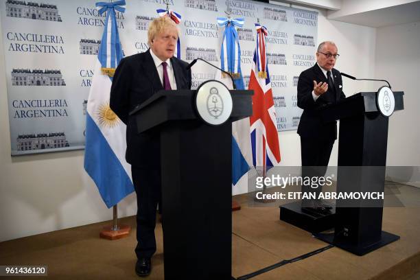 Argentinian Foreign Minister Jorge Faurie and British Secretary of State for Foreign Affairs Boris Johnson, deliver a press conference at Palacio San...